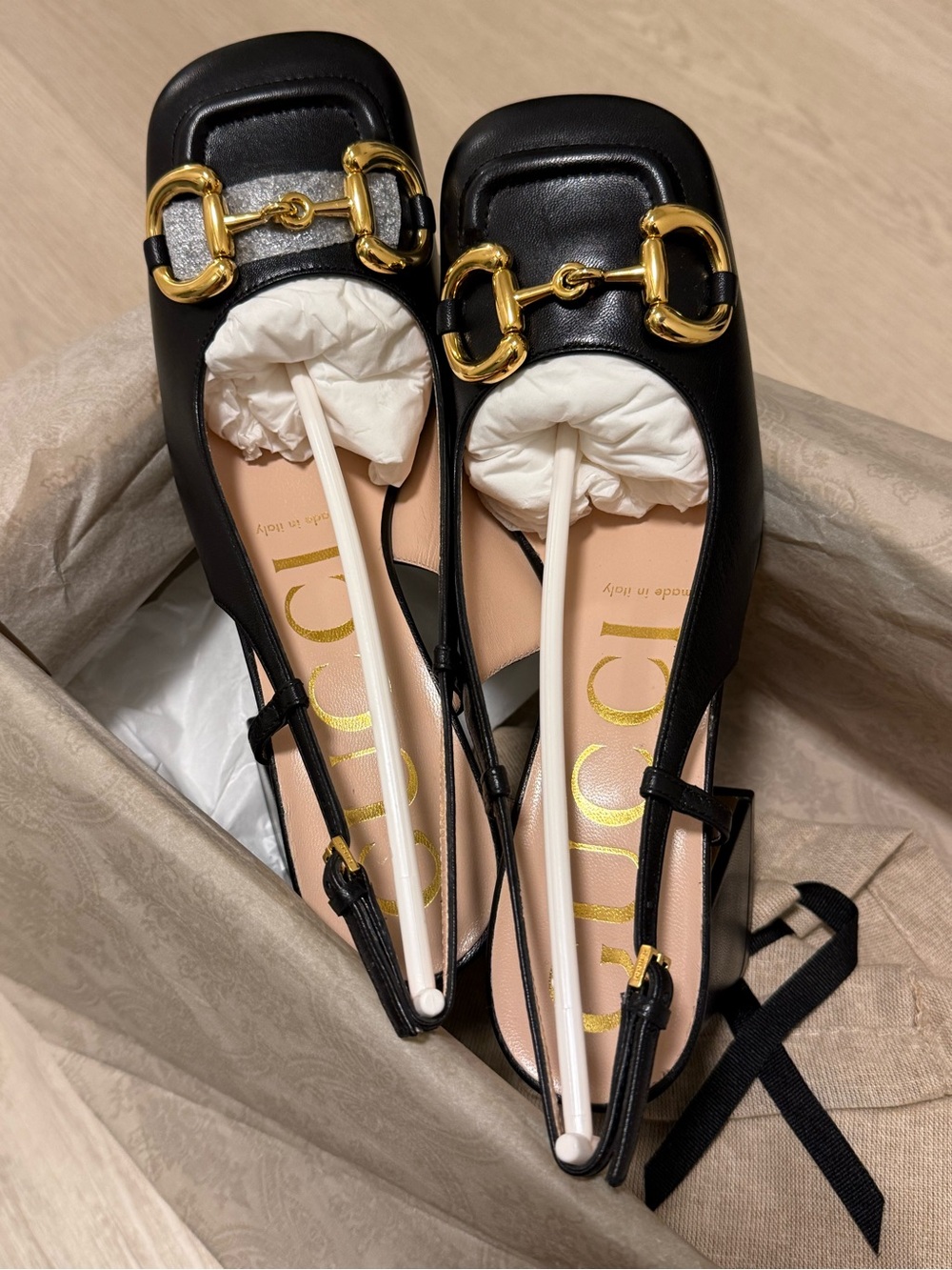 Brand new Gucci Black Horsebit Slingback with Gold Hardware